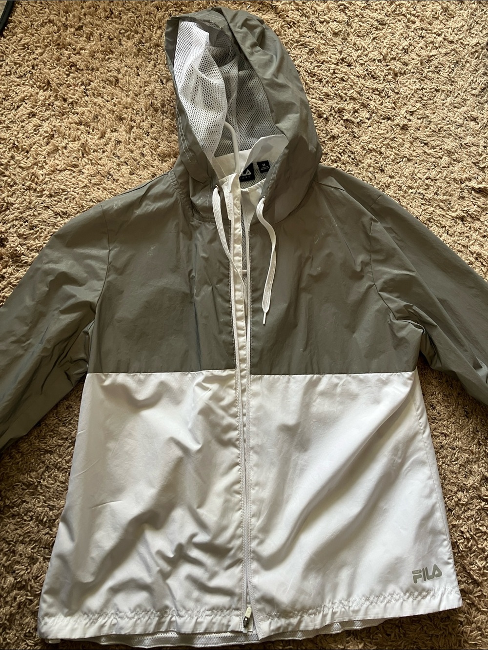 FILA Two-Tone Hooded Windbreaker Jacket in Olive Green & White